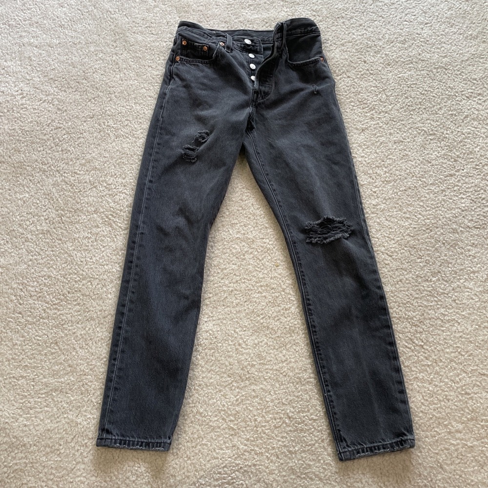 Levis 501 S Womens 24x28 Black Denim Skinny BIG E Button Fly Jeans Distressed